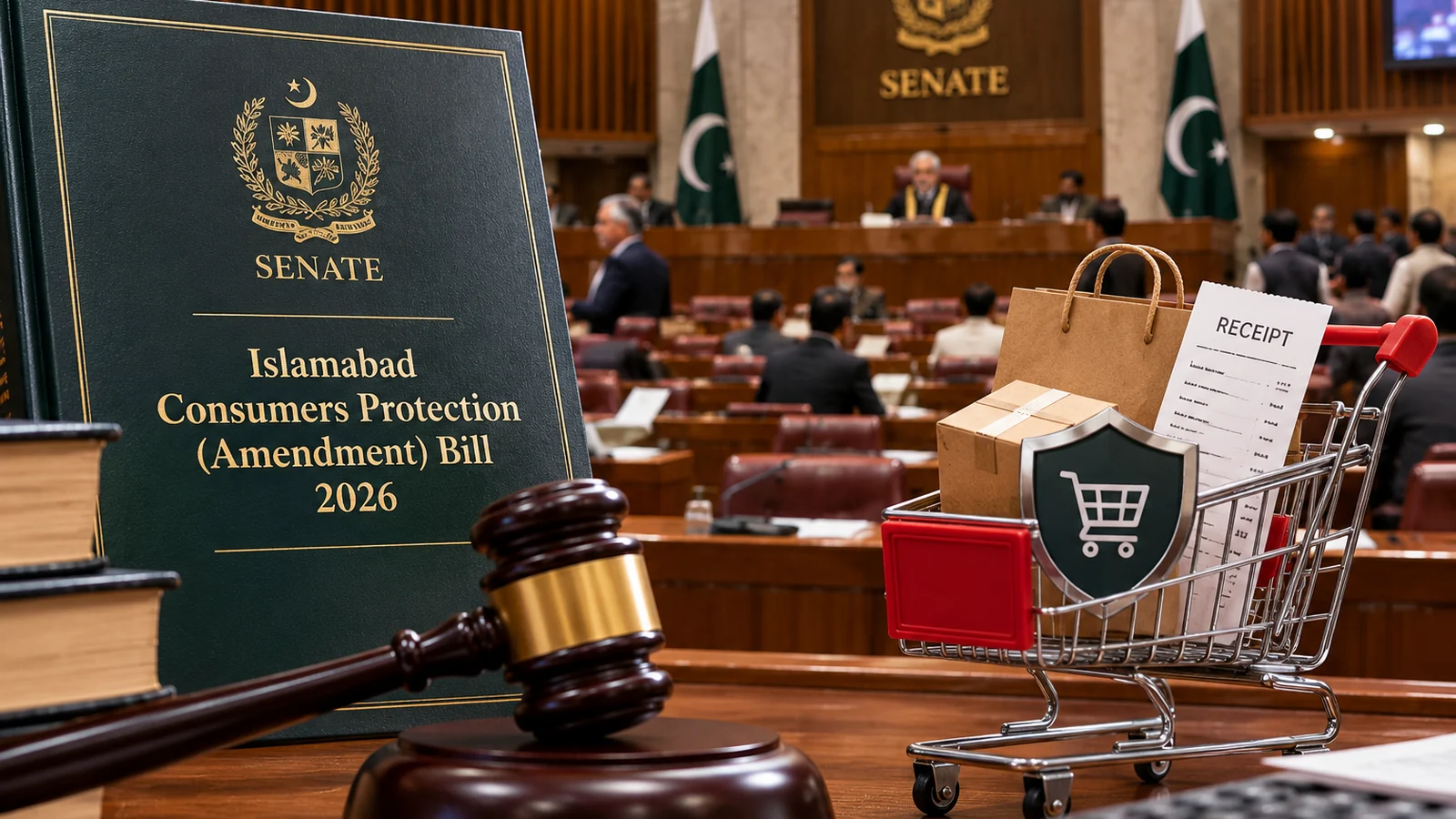 Conceptual illustration of a Senate consumer protection bill, gavel and shopping cart