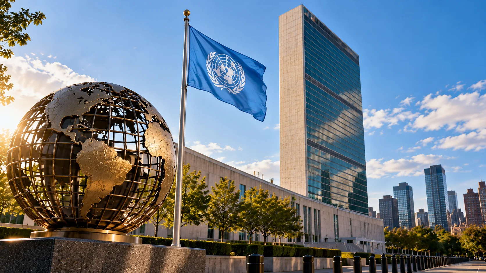 Illustration of a globe sculpture and a United Nations flag outside a modern international building.
