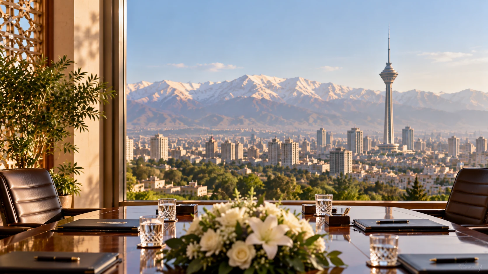 Illustration of an empty conference room overlooking Tehran and the Alborz mountains.