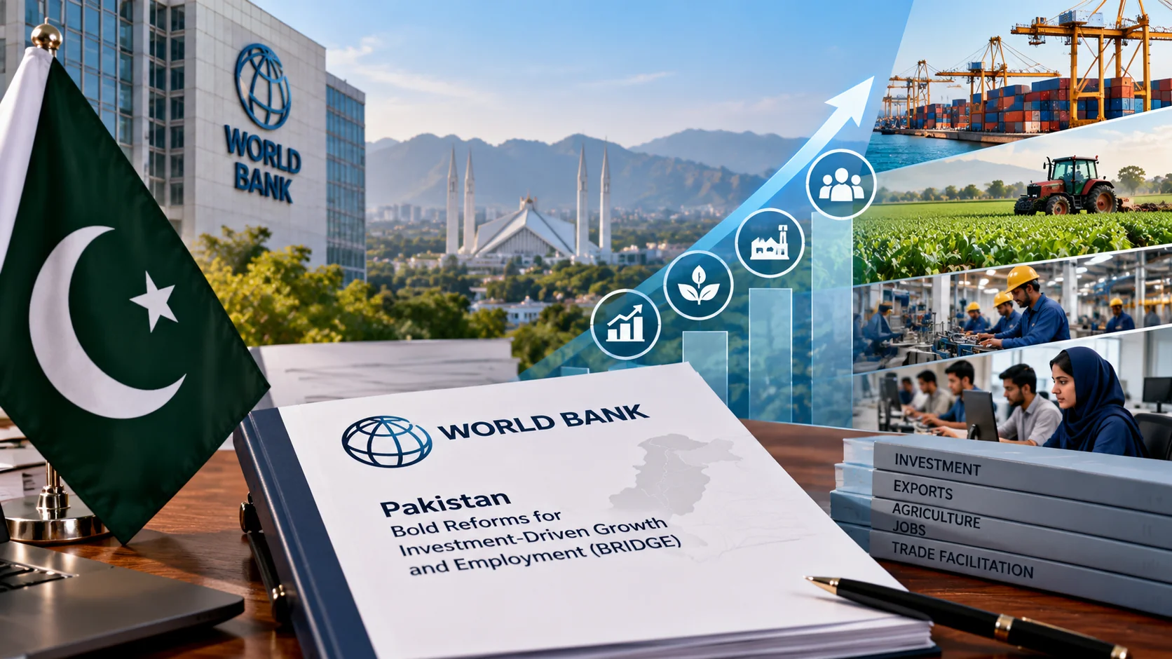 Illustration of Pakistan and World Bank economic cooperation, with agriculture, exports, manufacturing and employment imagery.