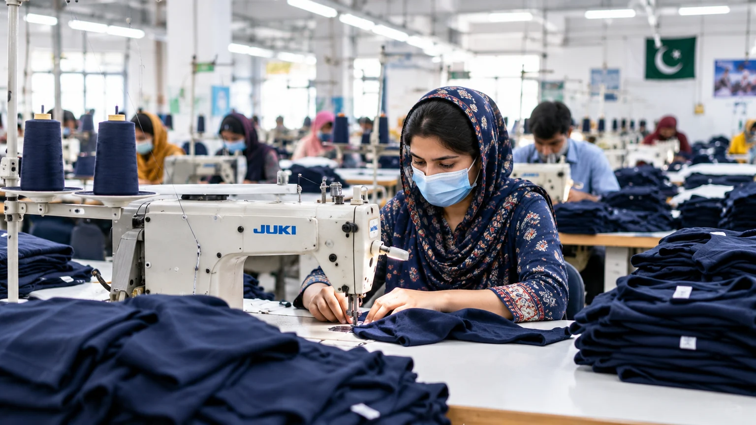 Illustration of workers sewing garments at a Pakistani textile factory.