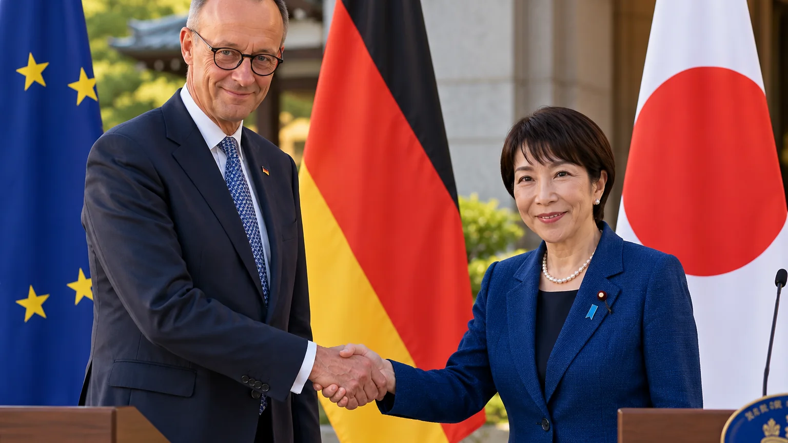 AI-generated illustration depicting German and Japanese political leaders shaking hands beside national and EU flags.