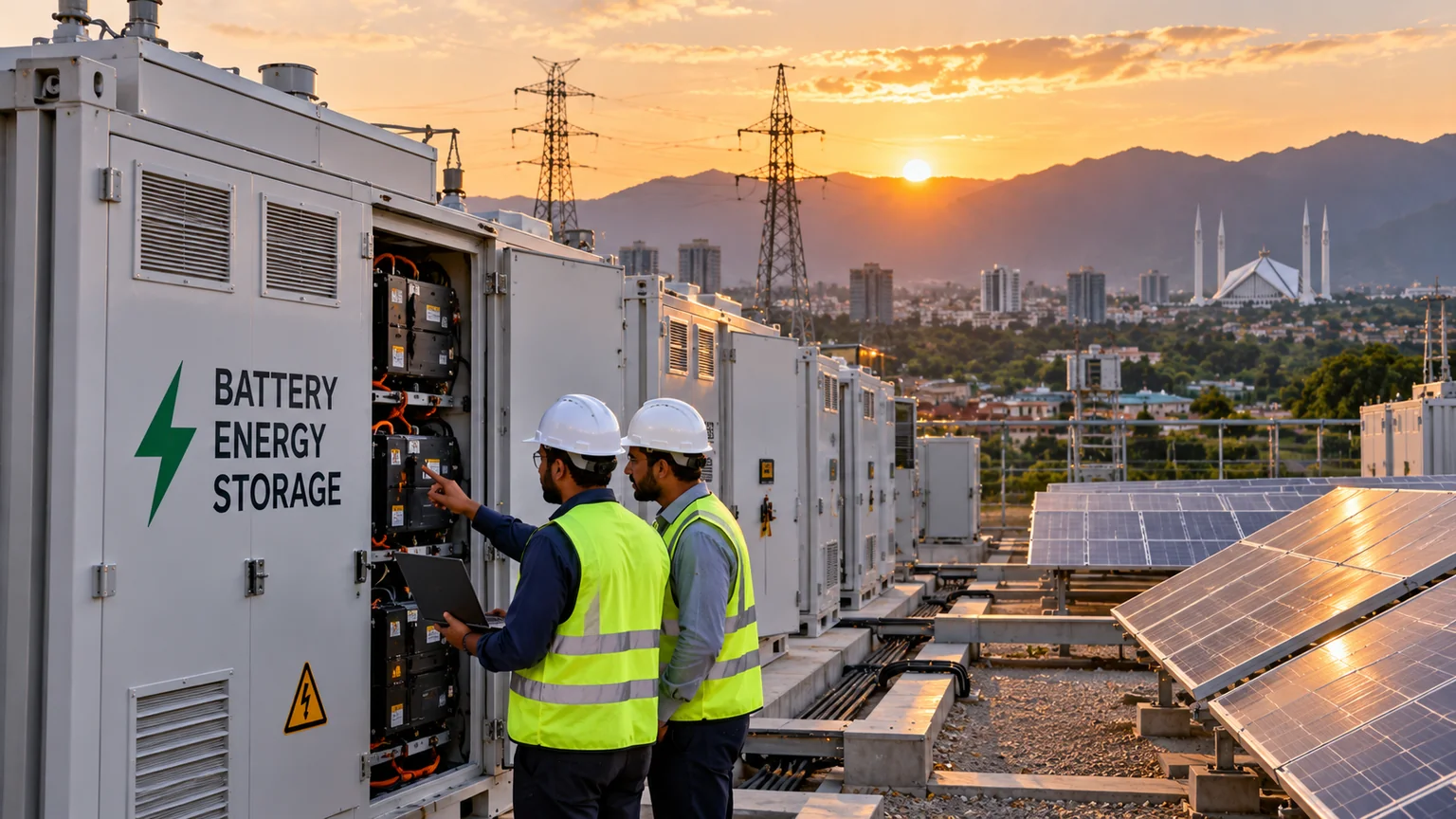 AI-generated illustration of battery energy storage containers, solar panels and electrical infrastructure in Pakistan.