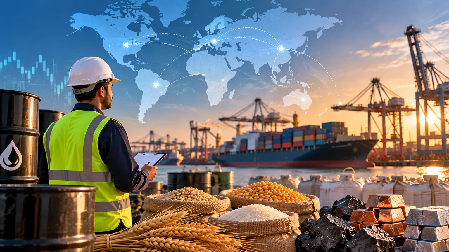 AI-generated illustration of a port inspector examining commodities and cargo at a shipping terminal.