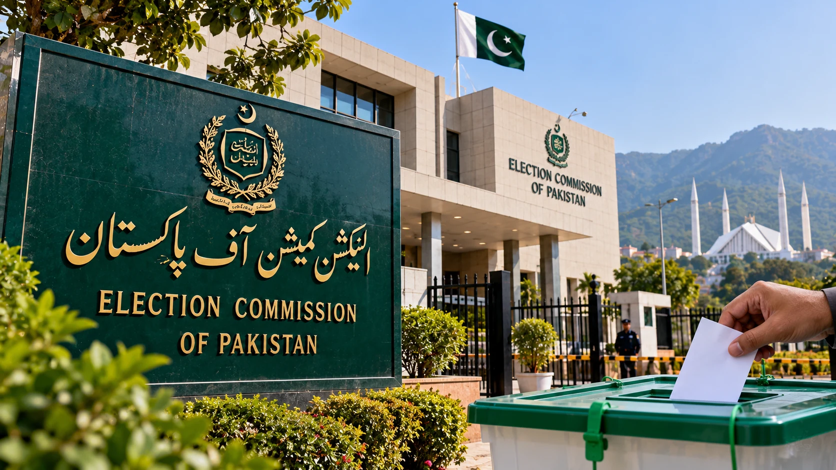 Illustration of voting and the Election Commission of Pakistan in Islamabad.