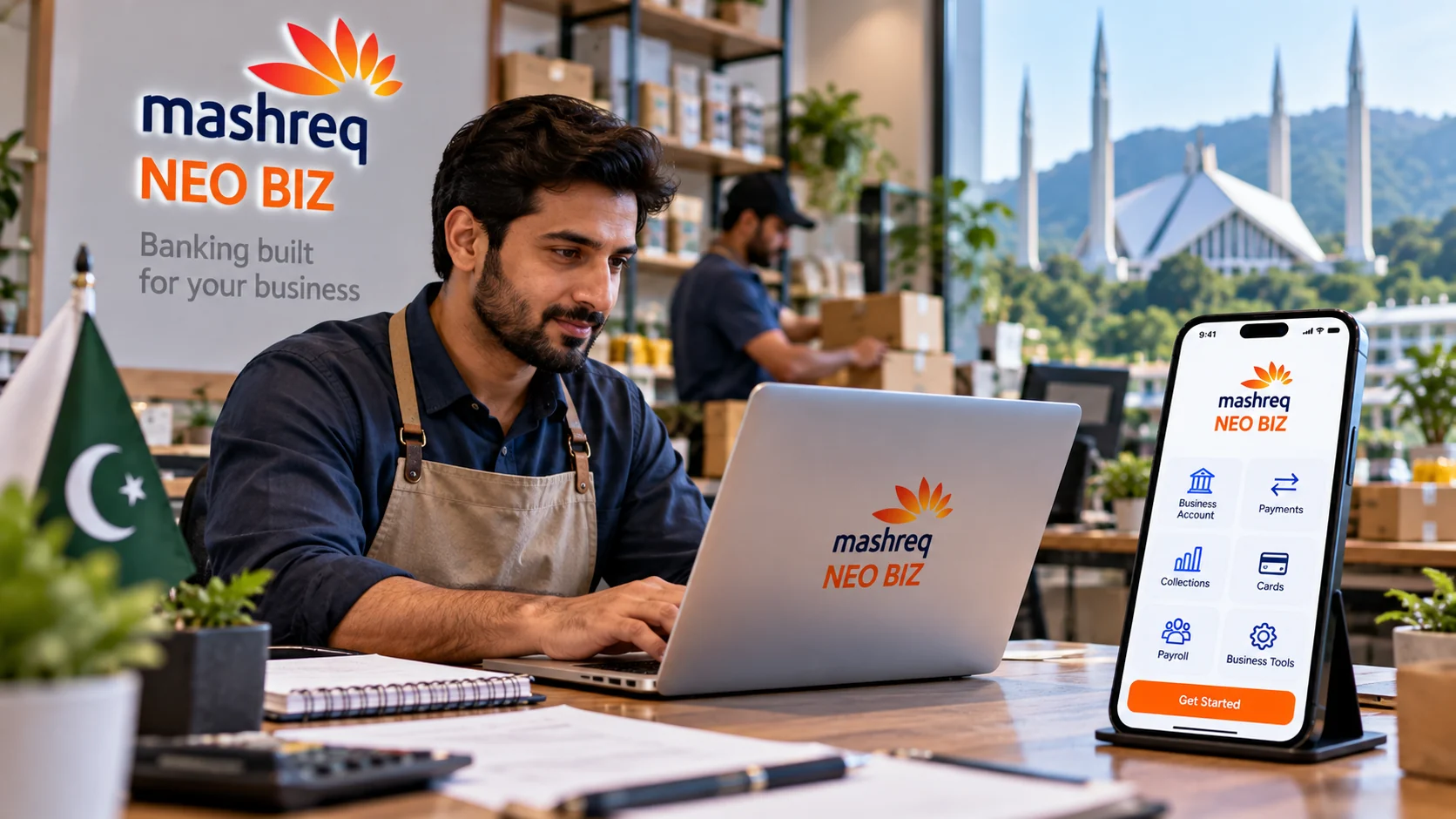 Pakistani small business owner using digital business banking on laptop and smartphone