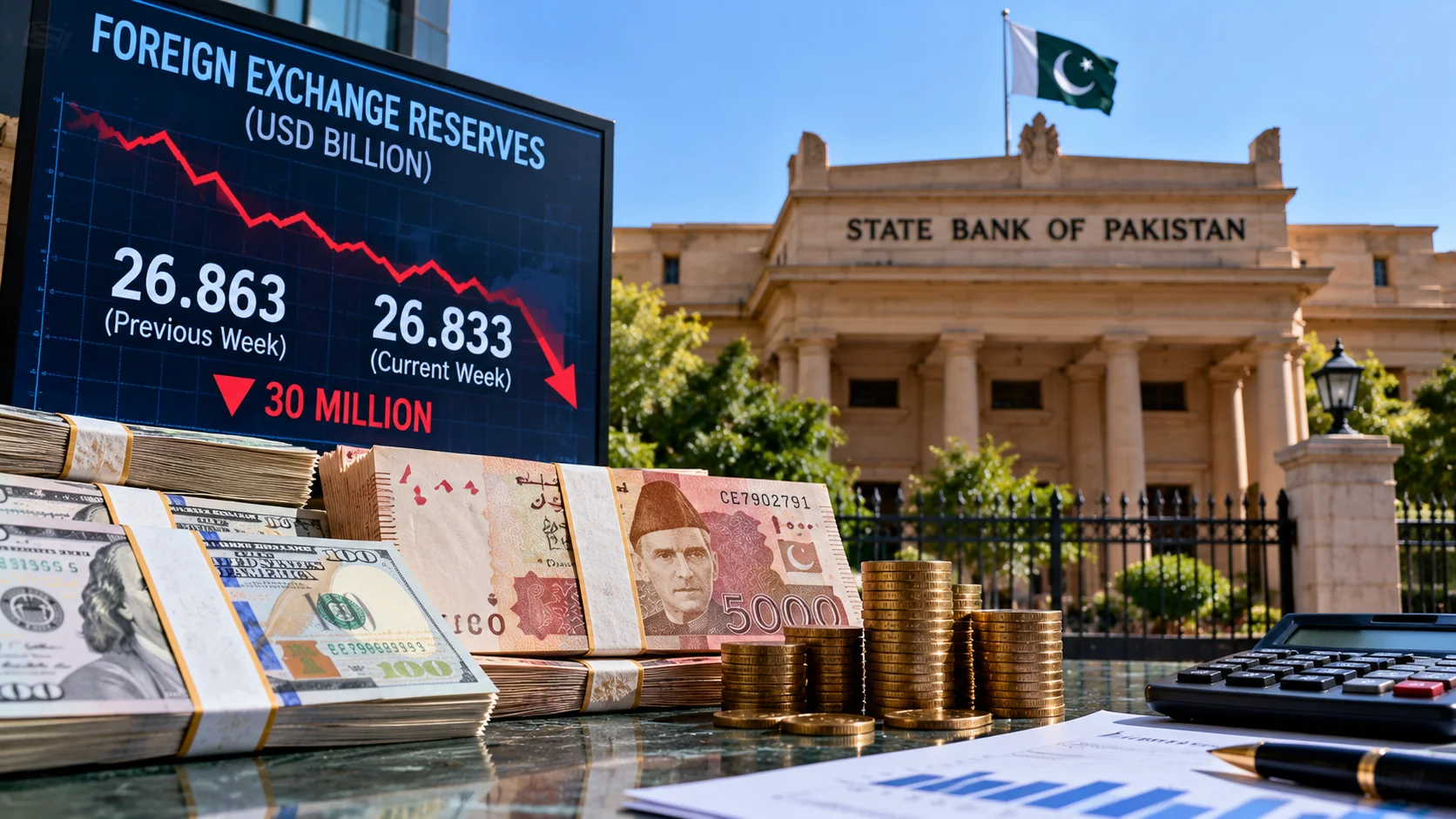 Pakistan's Total Foreign Exchange Reserves Fall $30 Million to $26.83 Billion
