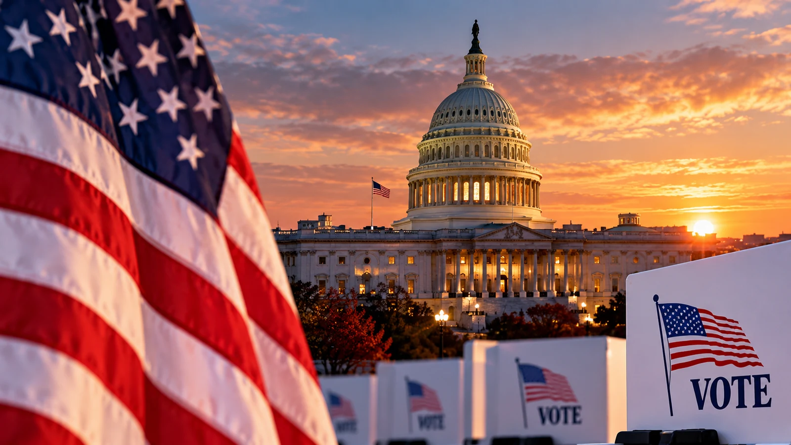 US Capitol building, American flag and voting booths illustrating the upcoming November 2026 midterm elections.
