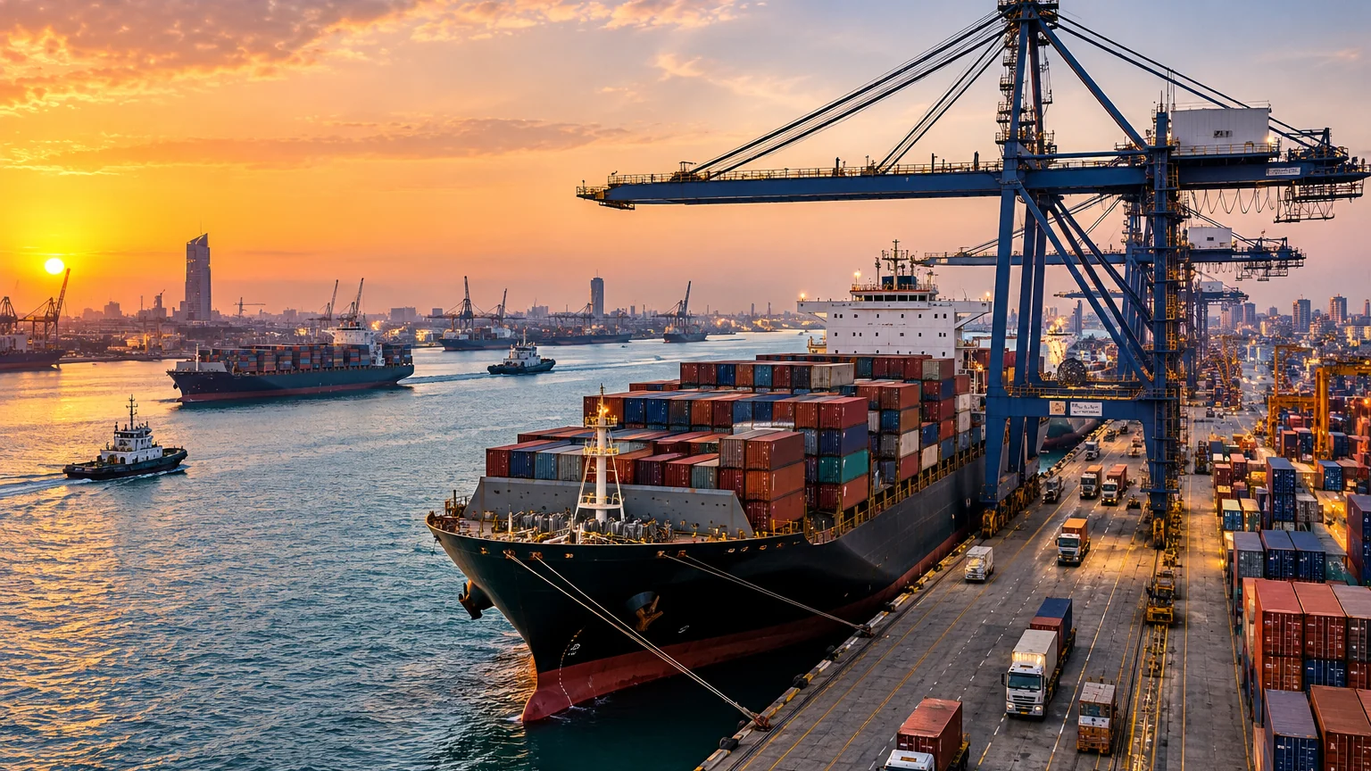 AI illustration of a large container ship, cranes and port operations at sunset
