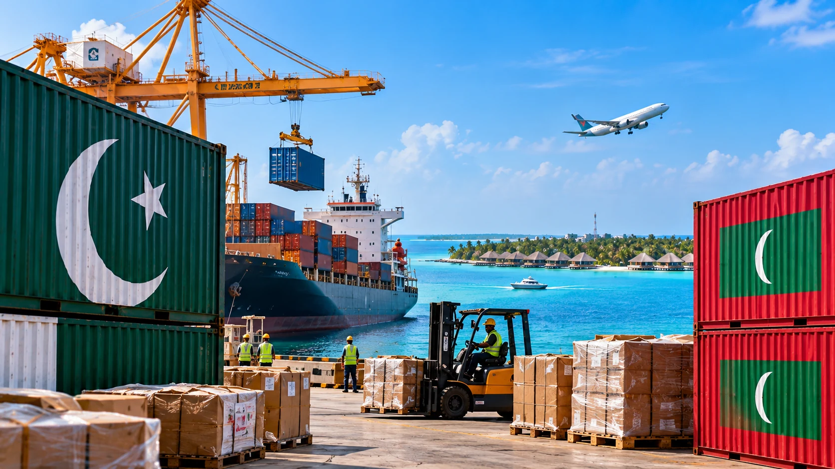 Illustration of container cargo and shipping activity representing Pakistan–Maldives trade