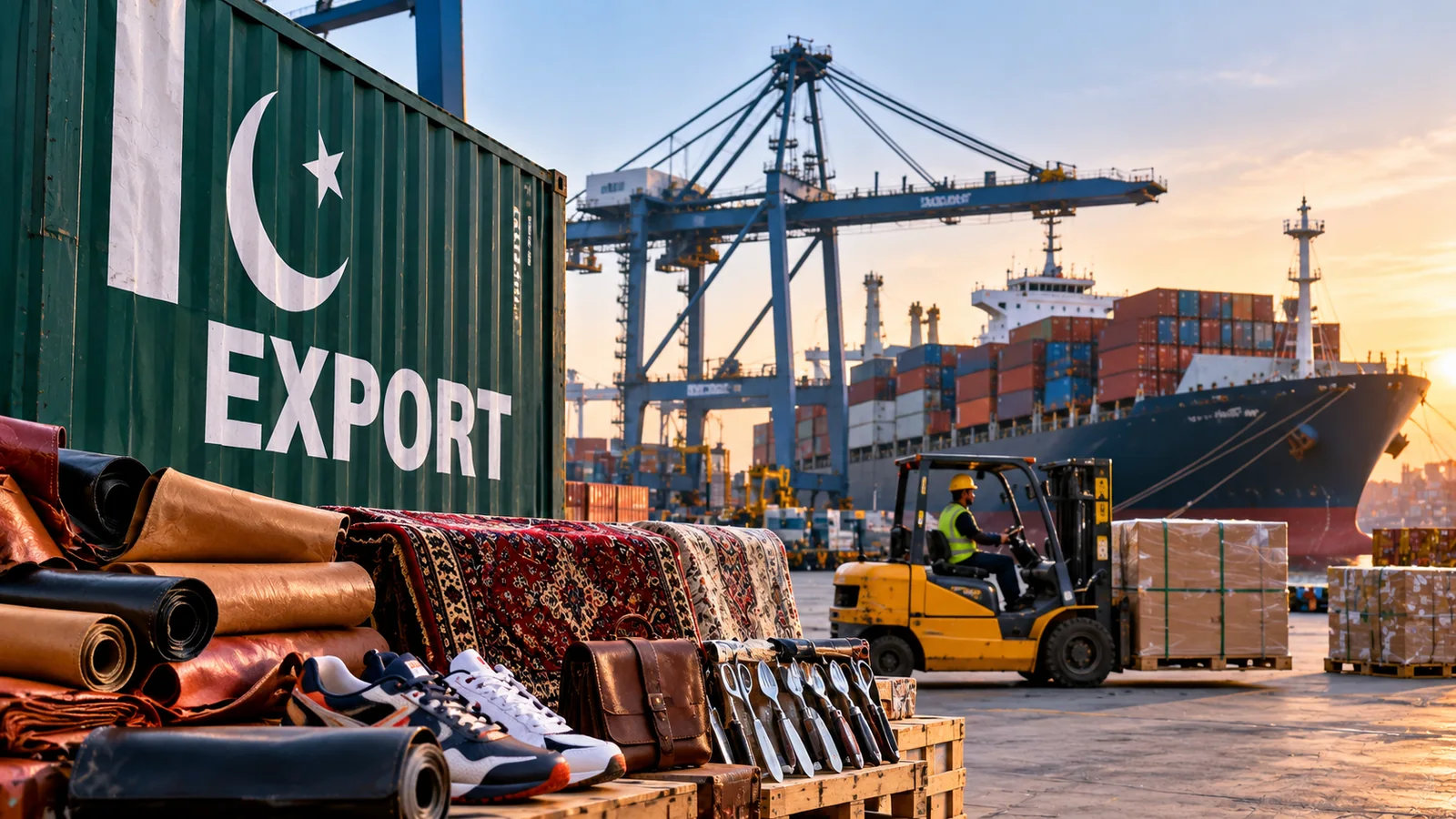 Pakistani export goods, including leather, shoes and carpets, beside containers at a port