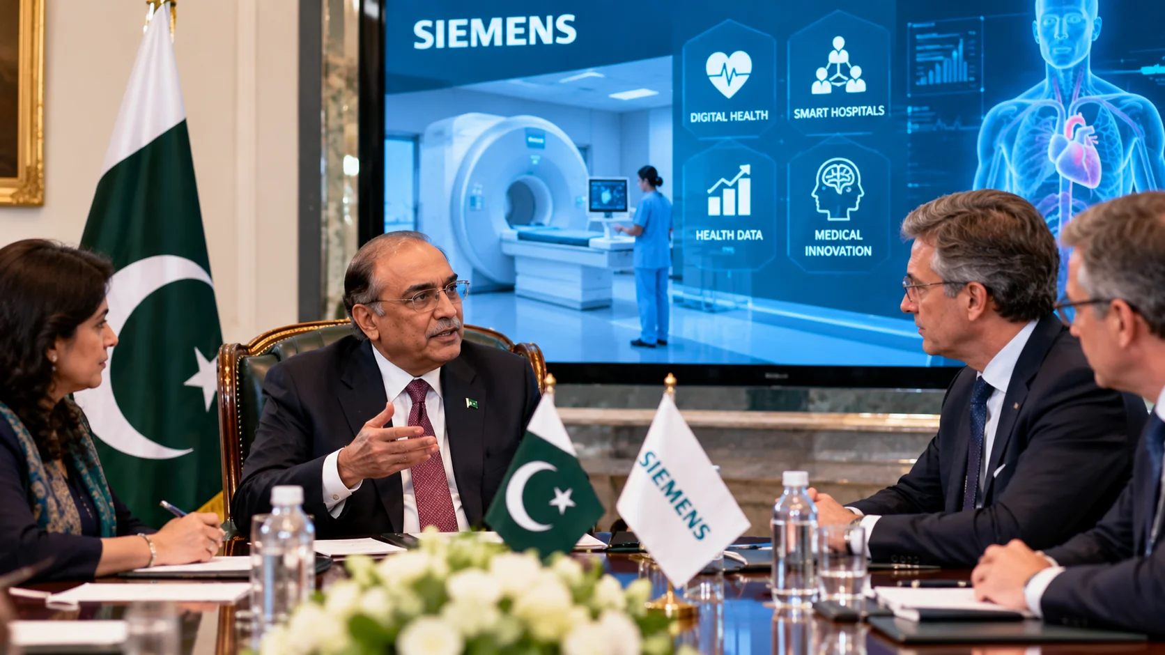 An illustrated meeting between Pakistani officials and technology representatives with healthcare imagery on a screen.