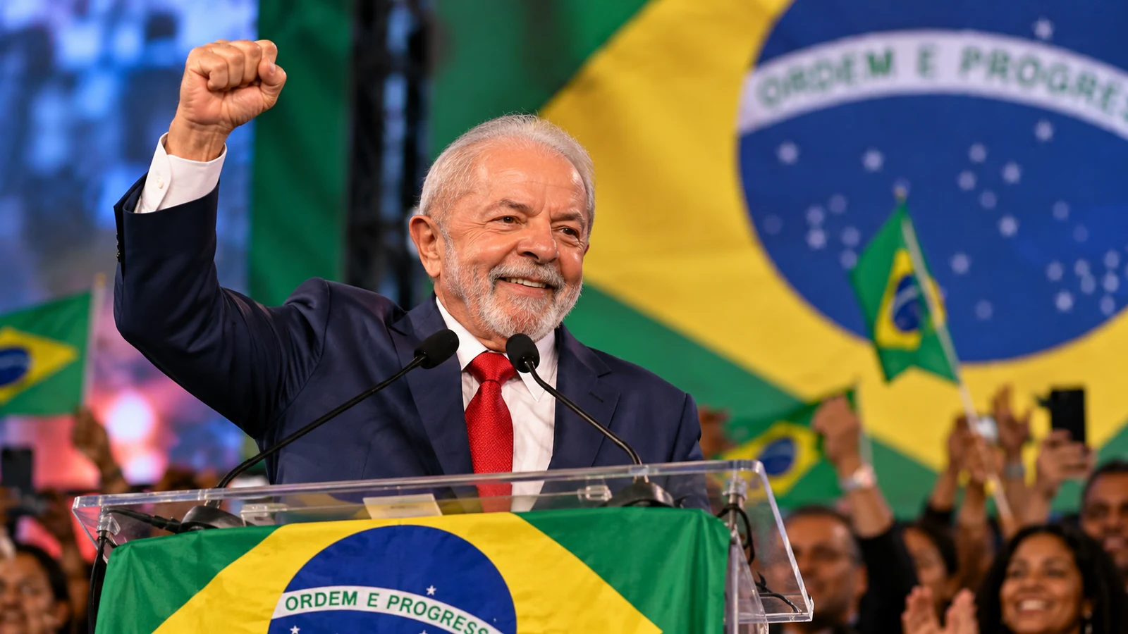 Illustration of Brazilian president Lula at a celebratory rally with Brazilian flags.