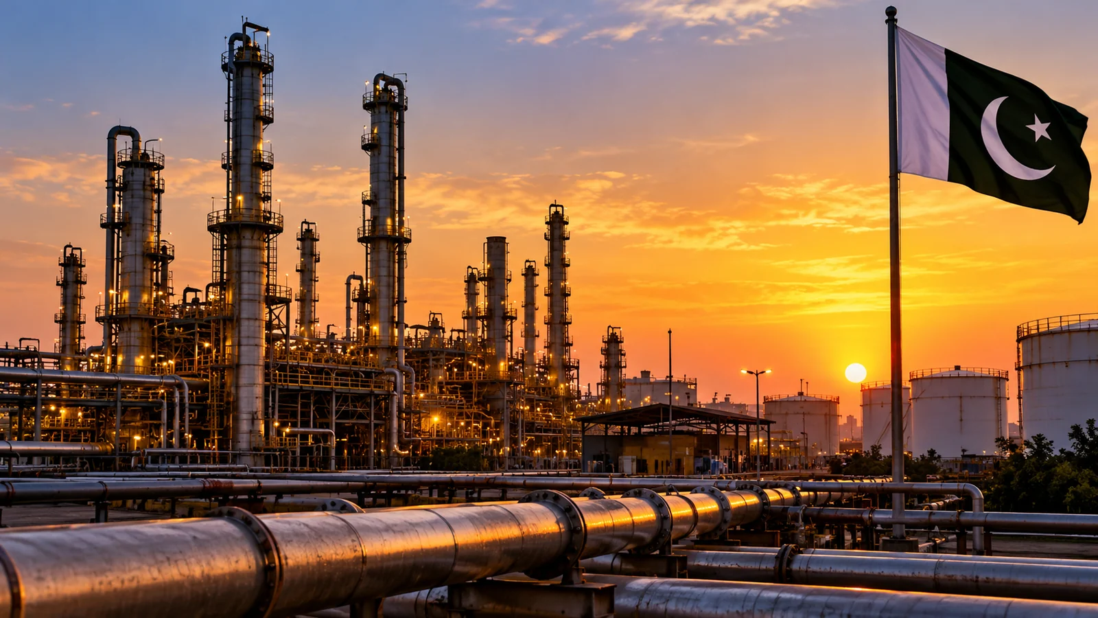 Oil refinery processing towers, pipelines and Pakistan flag at sunset.