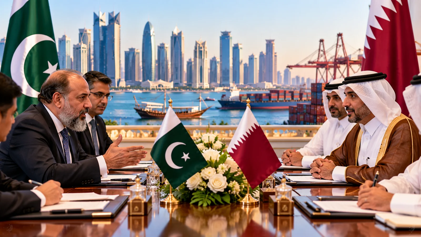 Illustration of Pakistan and Qatar trade talks, with officials seated at a conference table and national flags.