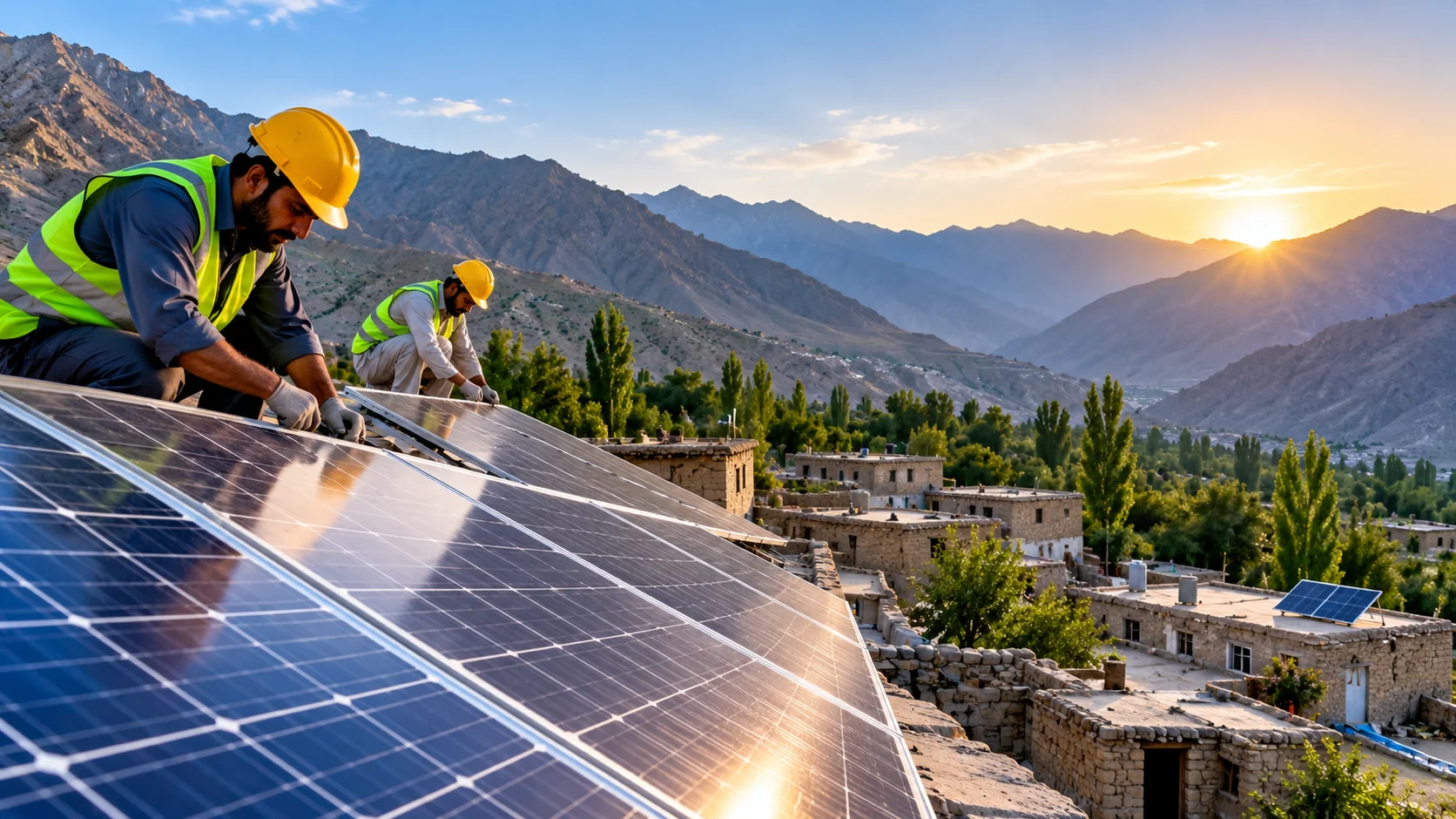 Illustration of technicians installing rooftop solar panels in a mountainous village.