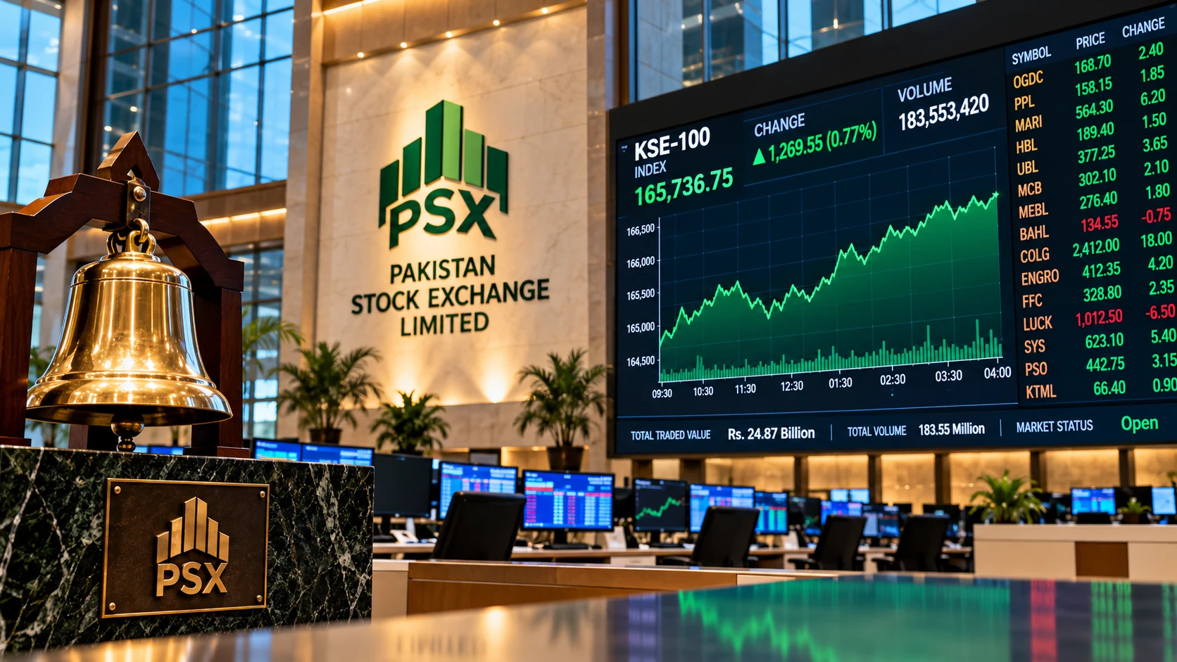 Illustration of the Pakistan Stock Exchange trading floor with market figures displayed on a digital board.