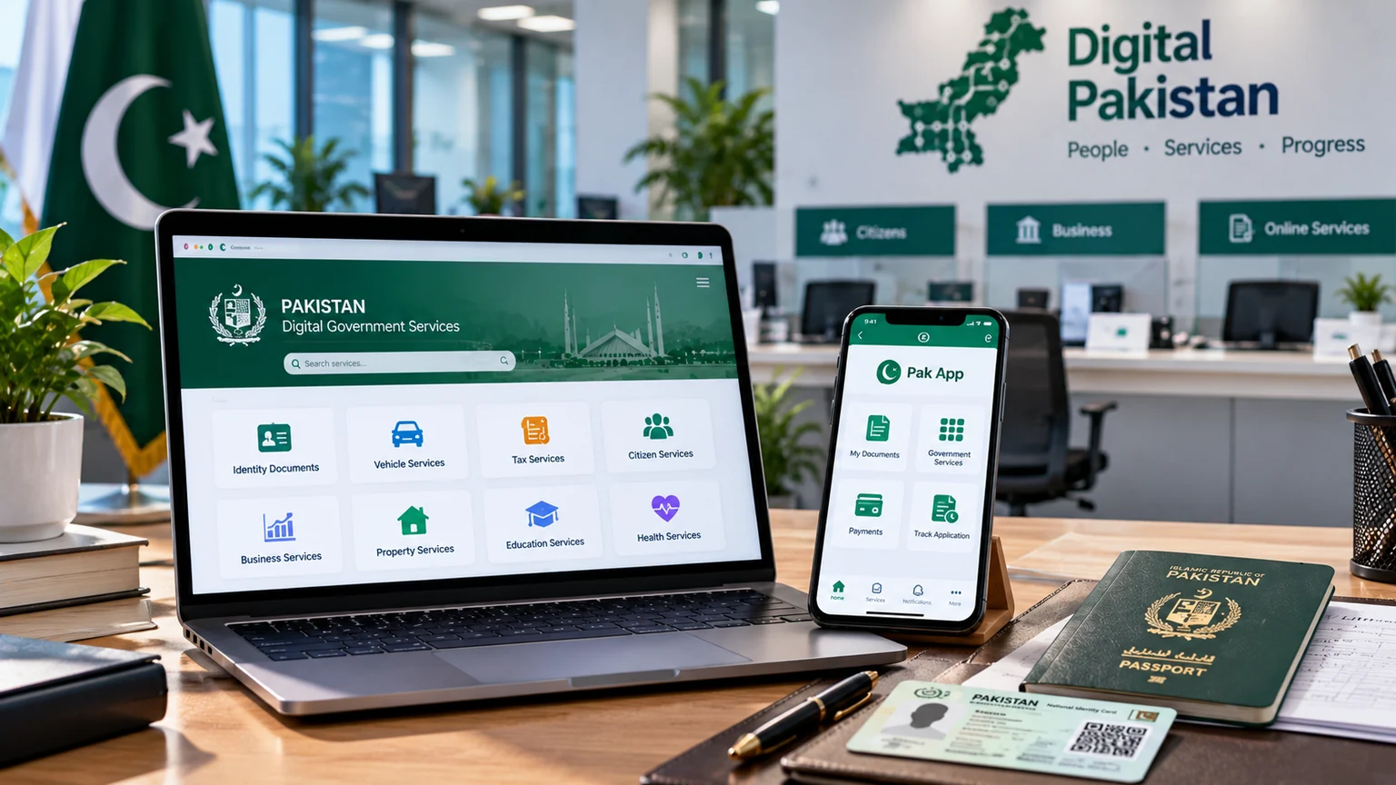 Illustration of a laptop and smartphone displaying conceptual Pakistani digital-government services, without people.