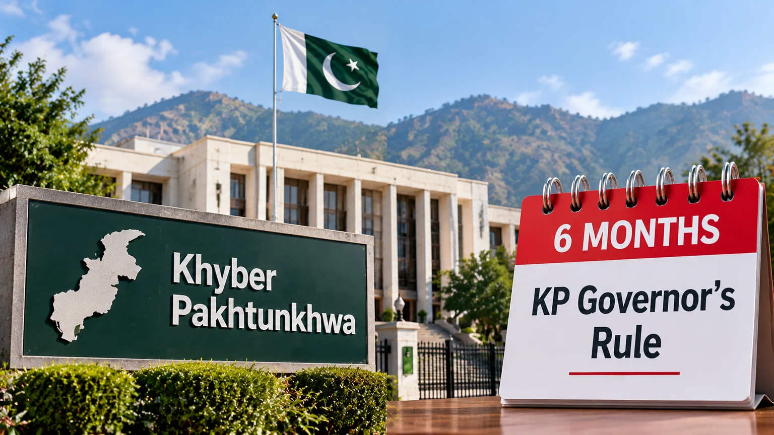 AI-generated illustration of Khyber Pakhtunkhwa governance and a six-month calendar.