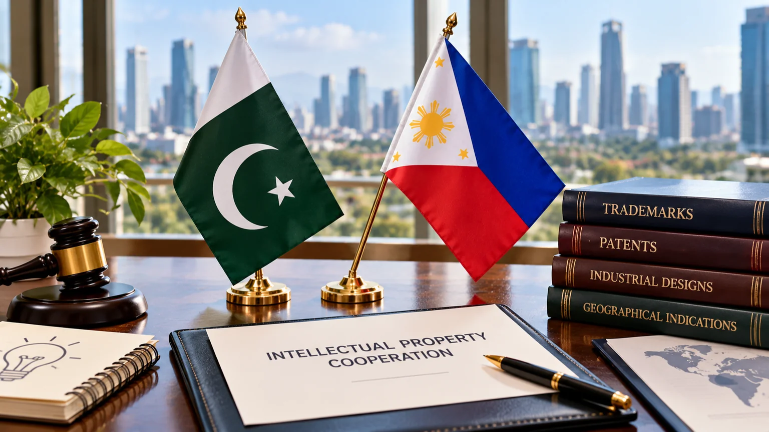 AI-generated still-life illustration of Pakistan and Philippines flags, intellectual property documents and legal reference books.