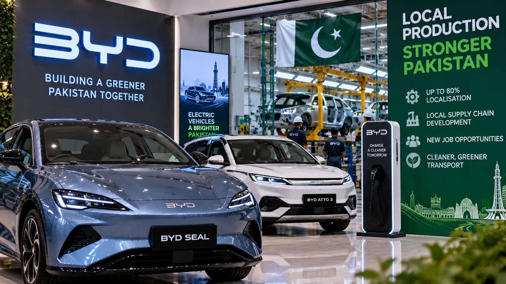 BYD electric vehicles and a Pakistani automotive production facility.