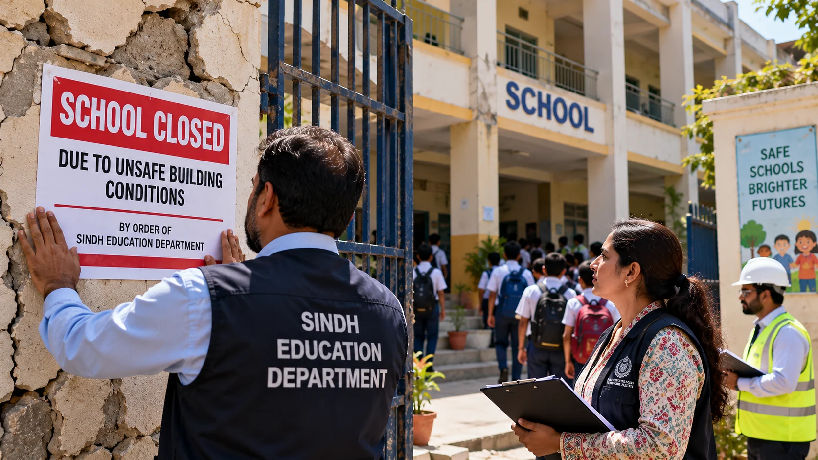 Illustration of Sindh education officials inspecting an unsafe school building