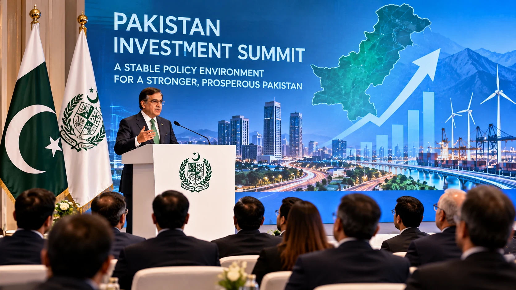 Illustration of an investment conference in Pakistan with a speaker, business audience and economic graphics