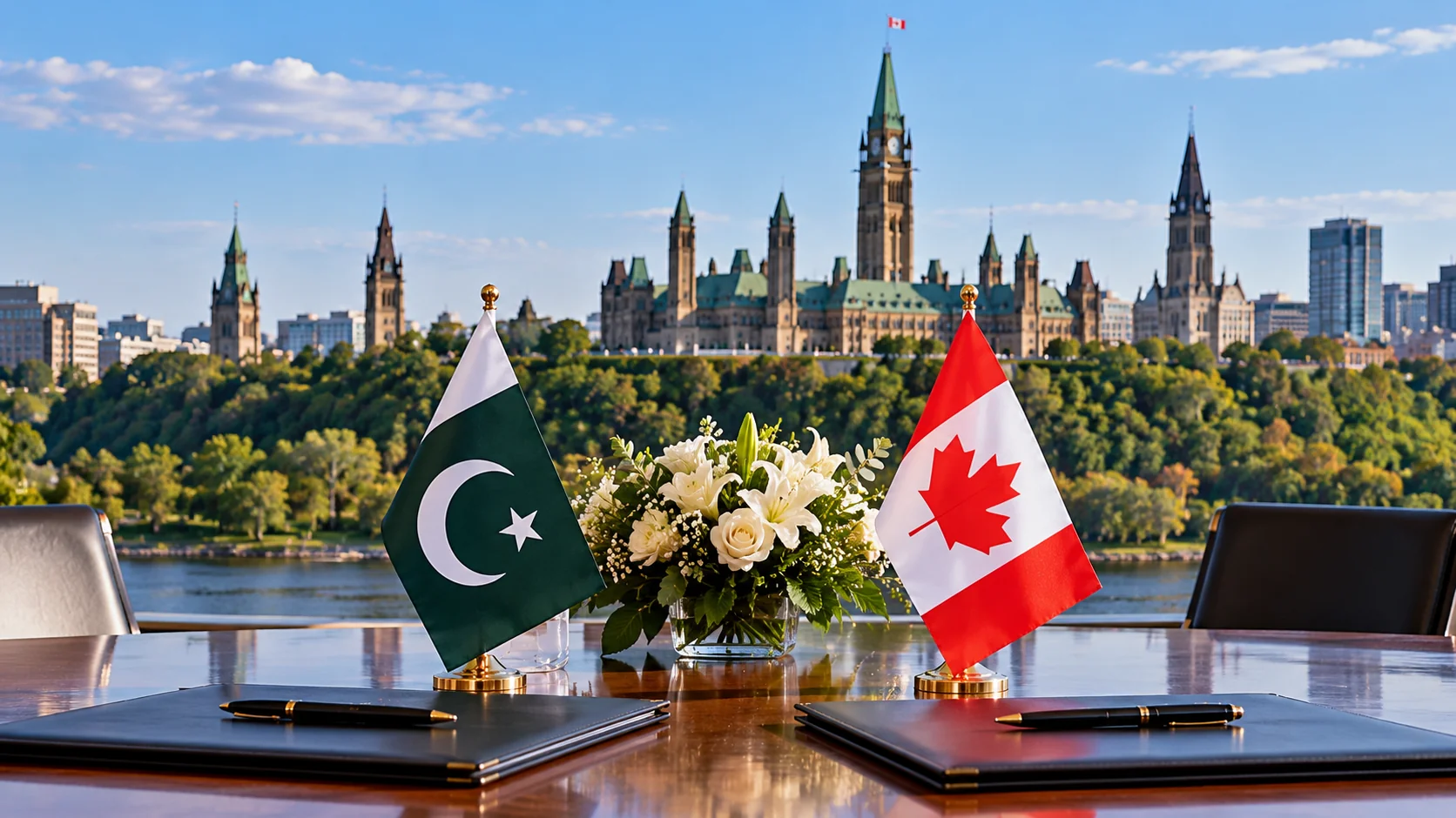 Symbolic AI illustration of Pakistani and Canadian flags beside unsigned document folders with Ottawa Parliament buildings in the background