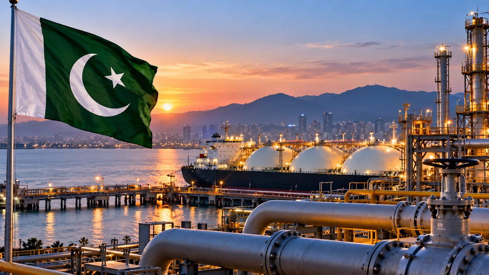 Pakistan flag overlooking an illustrated LNG tanker and gas infrastructure at dusk