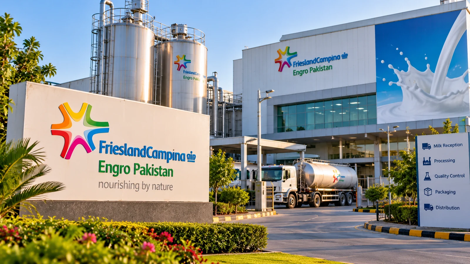 Illustration of a FrieslandCampina Engro Pakistan dairy processing facility.