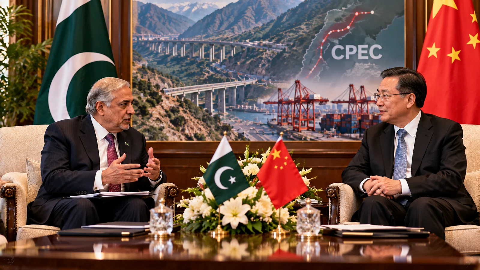 Illustration of Pakistan-China diplomatic talks with national flags and CPEC infrastructure in the background.