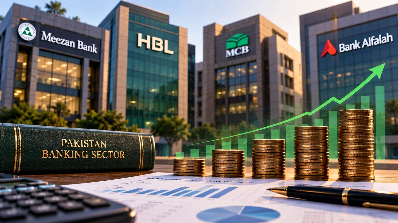 Illustration of bank earnings with coin stacks, financial reports and Pakistani banking brands.