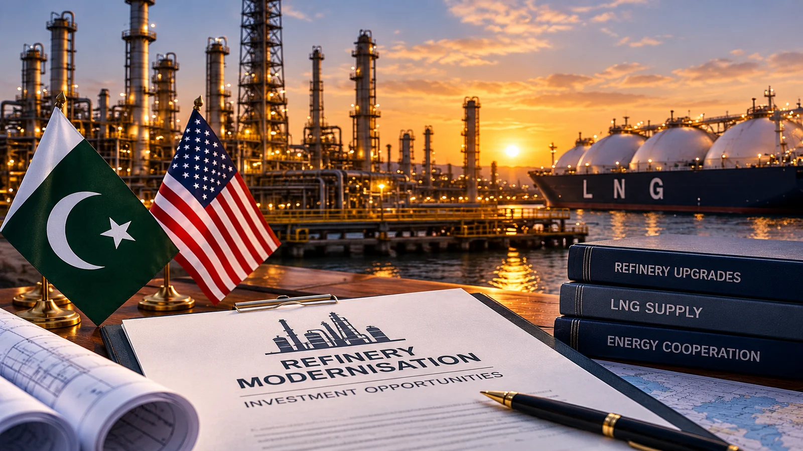 Pakistan and United States flags with refinery and LNG infrastructure
