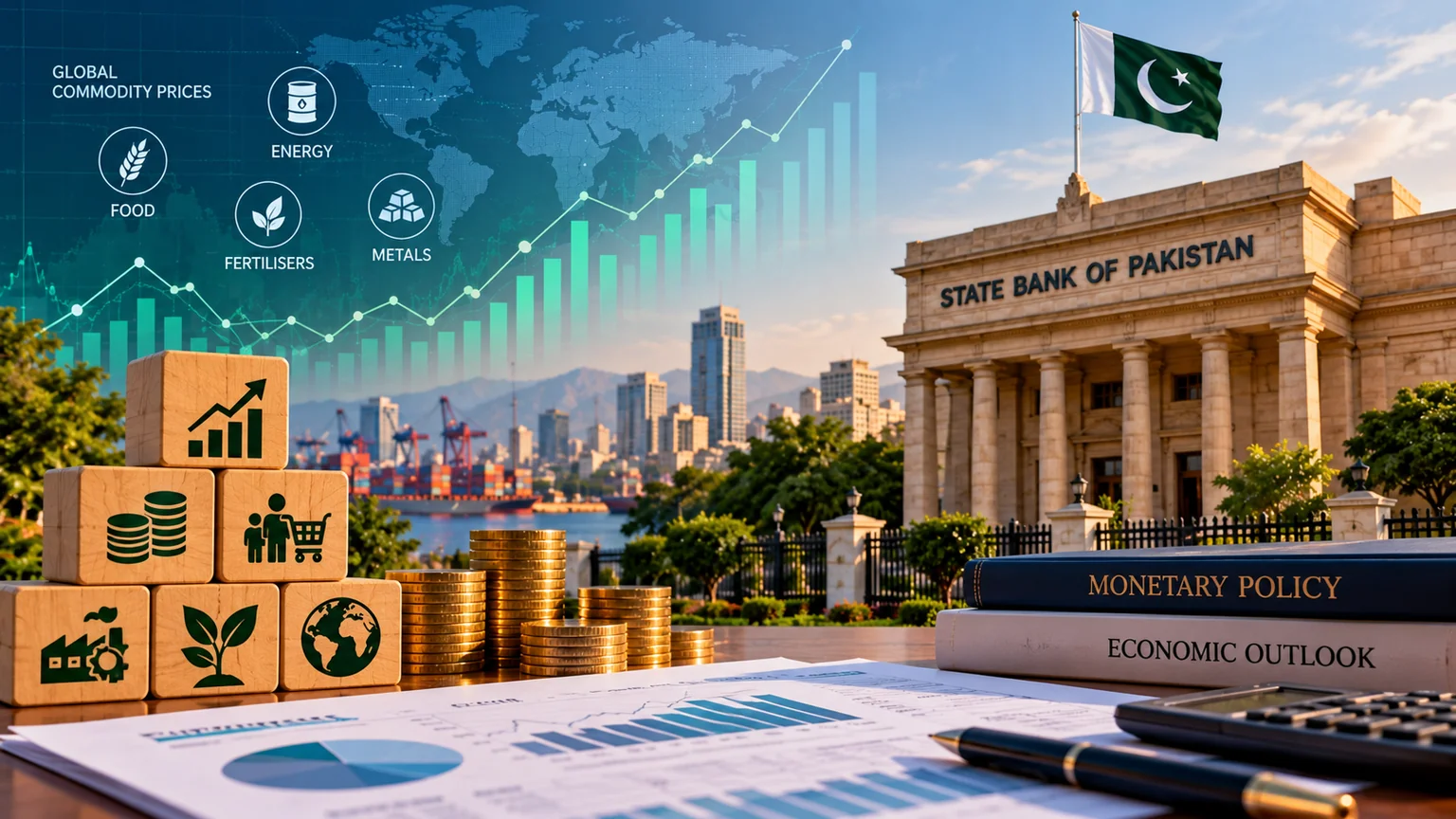AI-generated illustration of the State Bank of Pakistan and economic indicators.