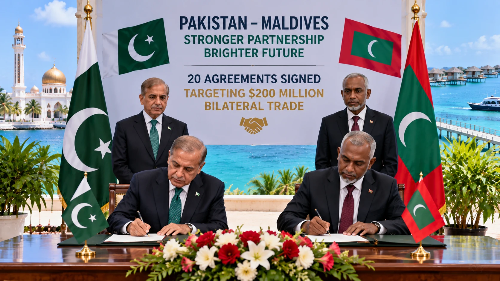 Illustration of Pakistan and Maldives delegations signing cooperation agreements.