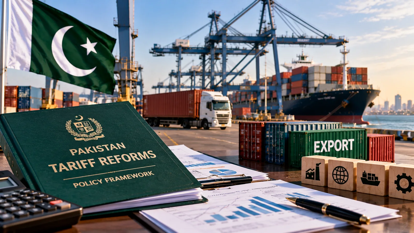 Illustration of tariff reform policy documents and shipping containers at a Pakistani port
