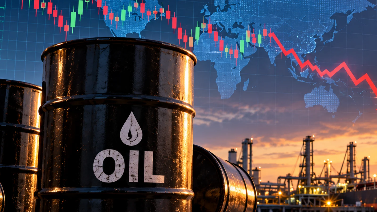 Oil barrels, global market charts and an oil tanker terminal illustrating fluctuating crude prices.