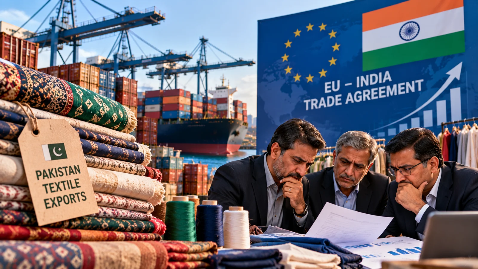 Illustration of Pakistani textile exports, industry representatives and EU-India trade competition.