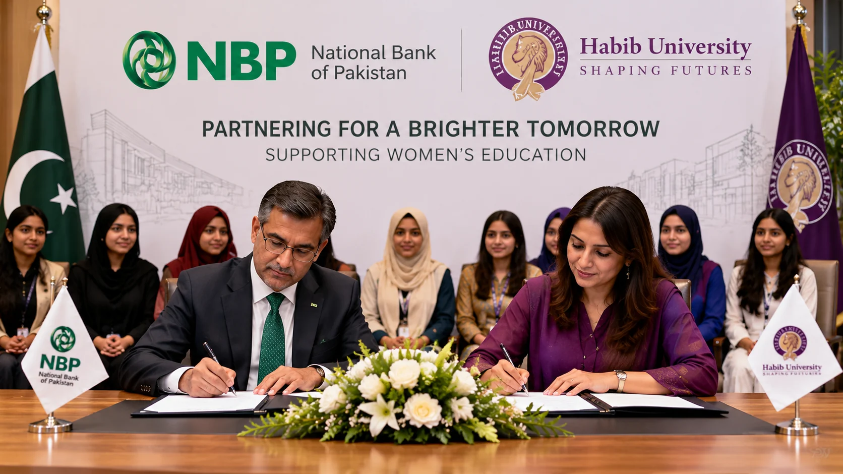 Illustration of National Bank of Pakistan and Habib University education partnership signing