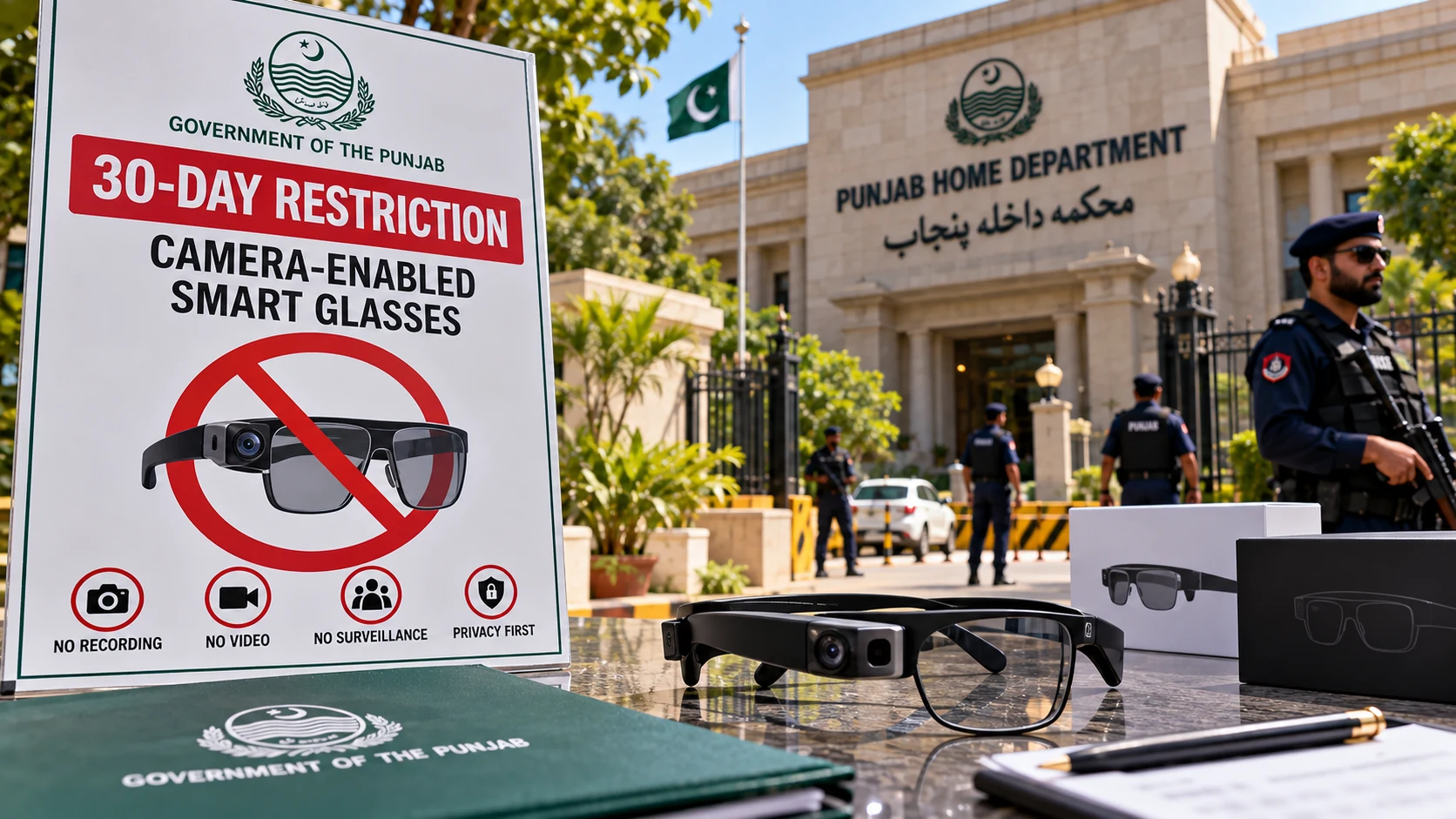 Camera-enabled smart glasses and a Punjab government restriction notice.
