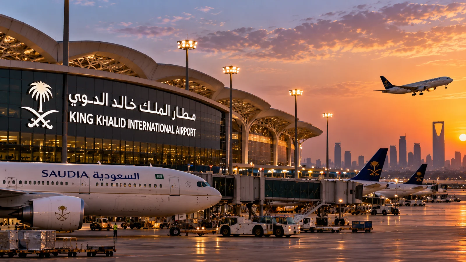 Illustration of aircraft and terminal operations at Riyadh airport at sunset.
