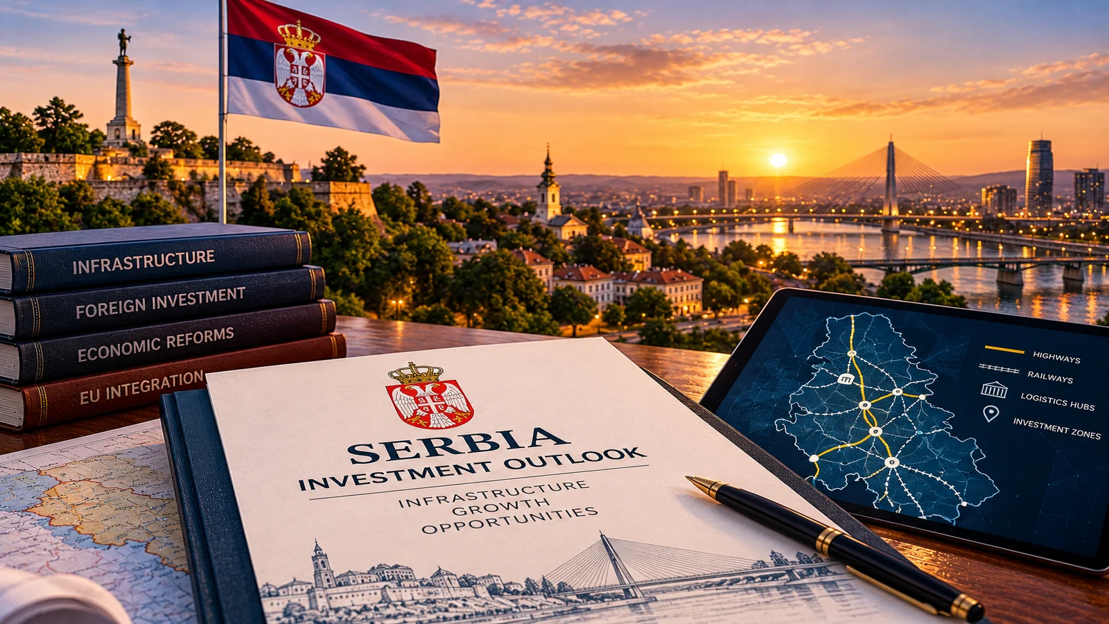 Serbian flag and Belgrade cityscape in an editorial illustration