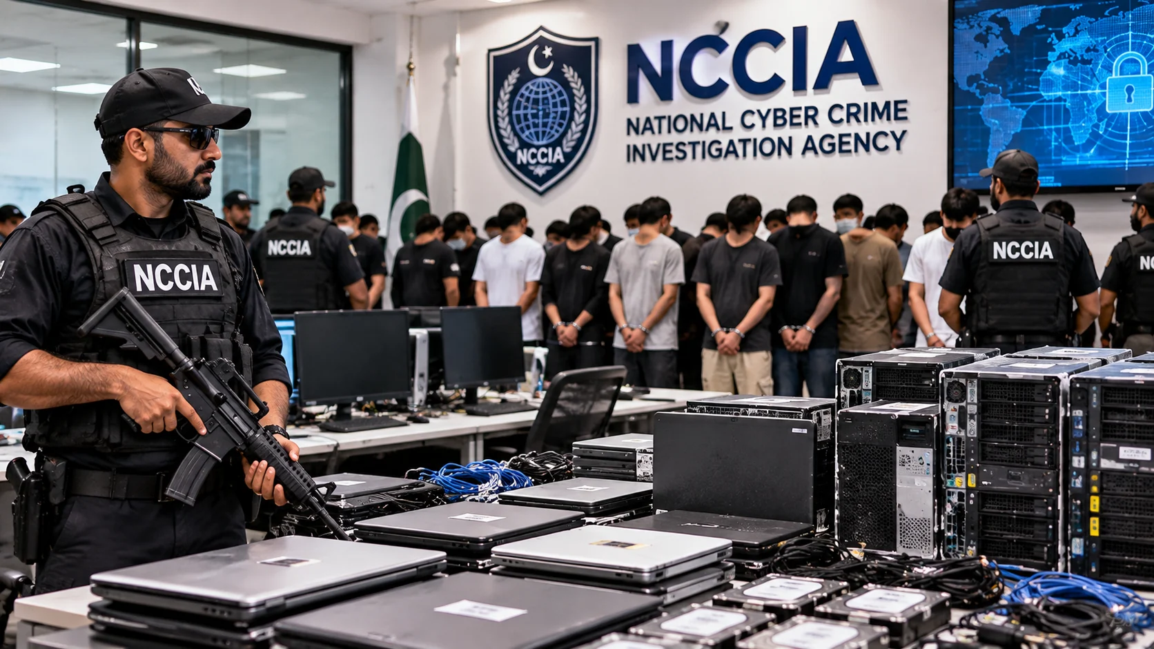 Illustration of NCCIA cybercrime investigators and seized computer equipment