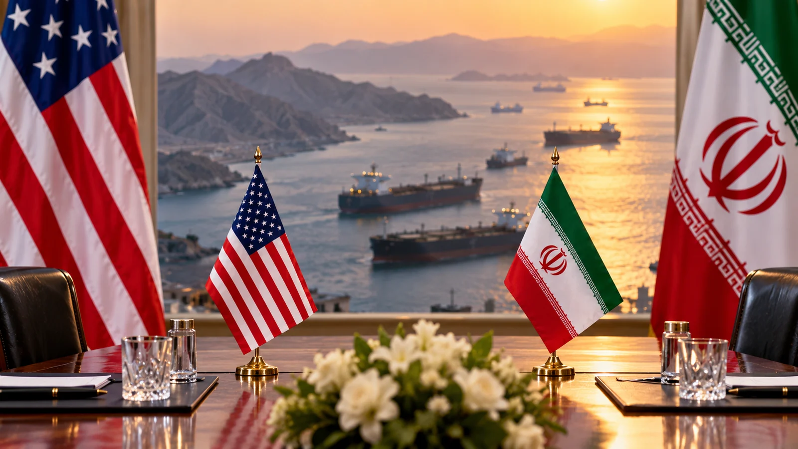 US and Iranian flags at an illustrative diplomatic table overlooking oil tankers.