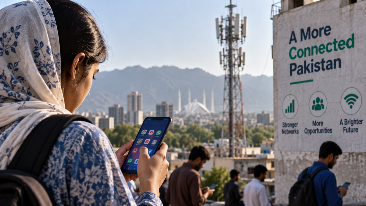 Pakistani smartphone user with a mobile tower and urban skyline in the background