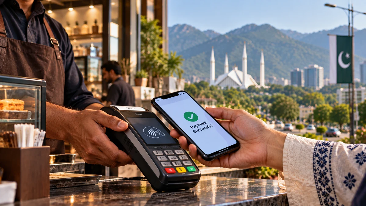 AI-generated Pakistan Report editorial illustration showing a digital payment at a merchant in Pakistan.