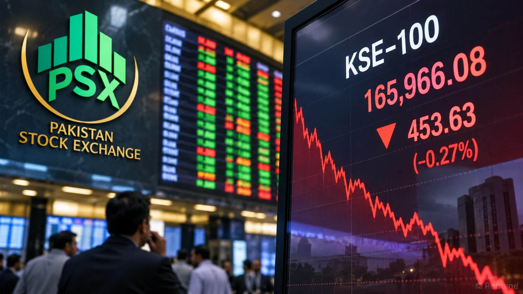 Illustration of Pakistan Stock Exchange and a falling KSE-100 index.