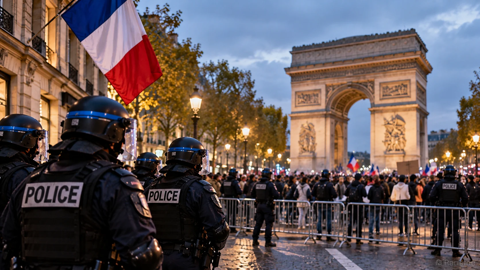 Illustration of French police and protesters near the Arc de Triomphe in Paris.