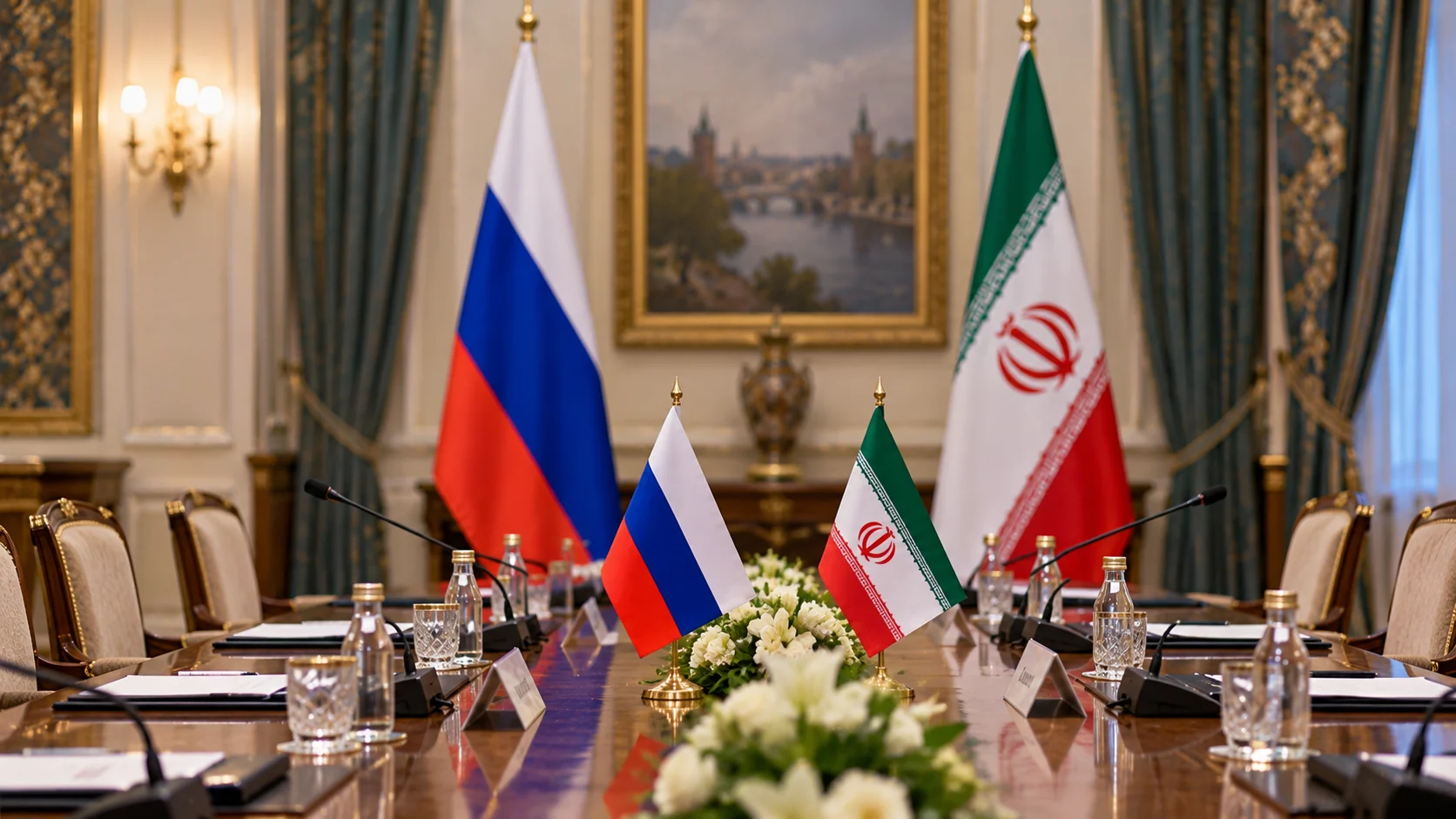 Illustration of a Russia-Iran diplomatic meeting room with national flags.