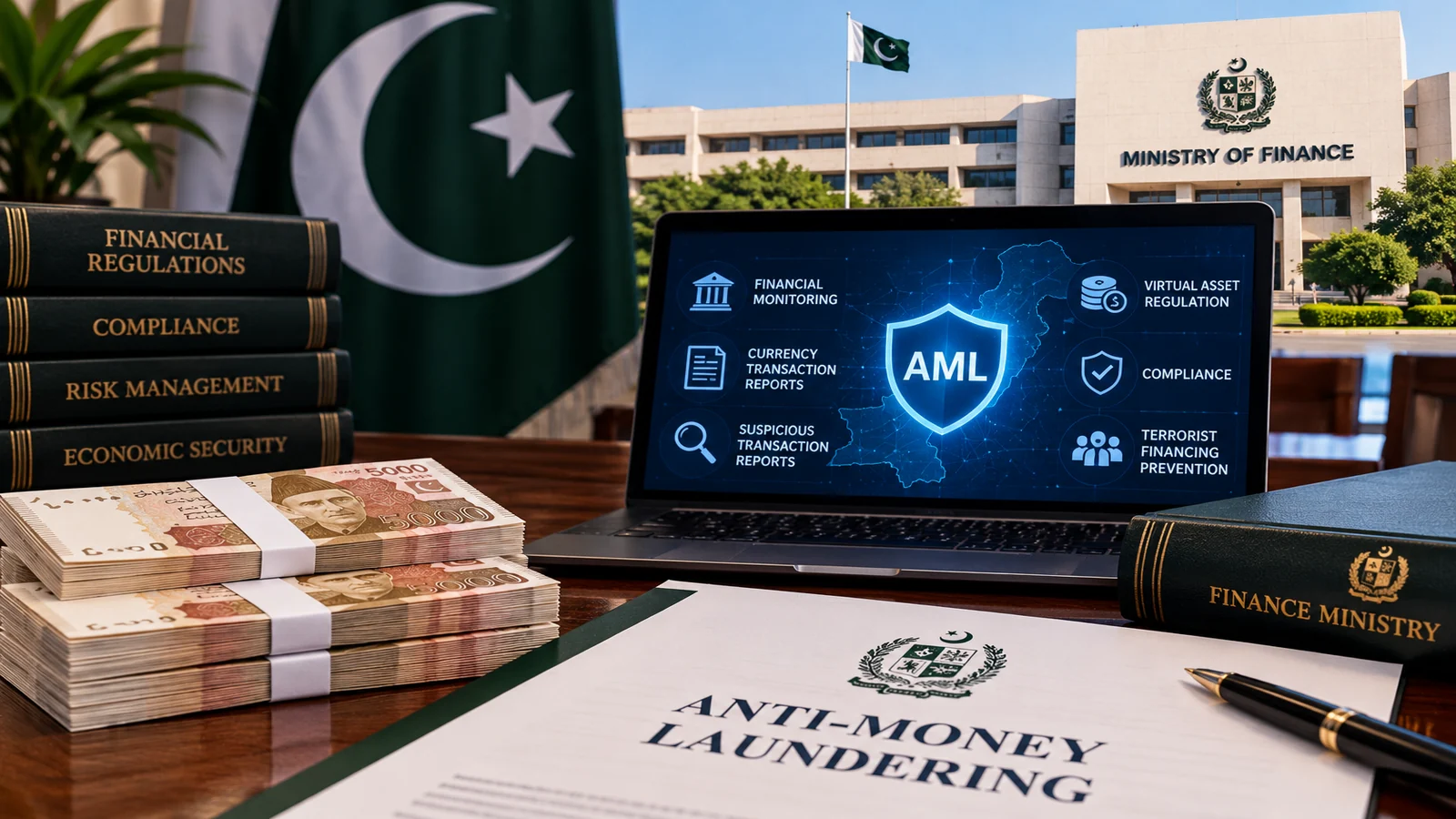 Editorial illustration of Pakistan anti-money-laundering regulation, financial monitoring and currency transaction reporting.